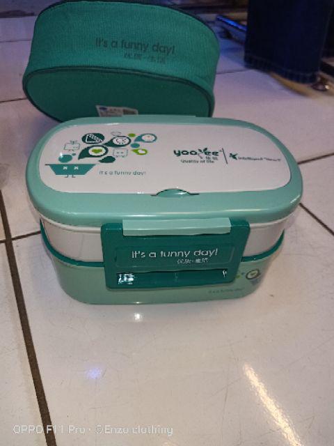 Lunch Box Yooyee 591 Orange Green Free Bag - Kotak Bekal 2 Susun
