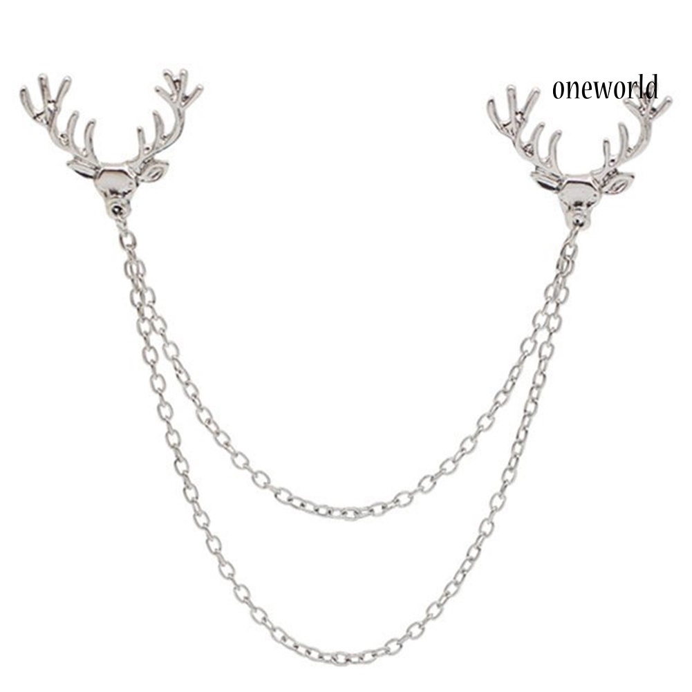 OW@ Fashion Men Women Shirt Suit Collar Deer Head Brooch Pin with Long Chain Gift