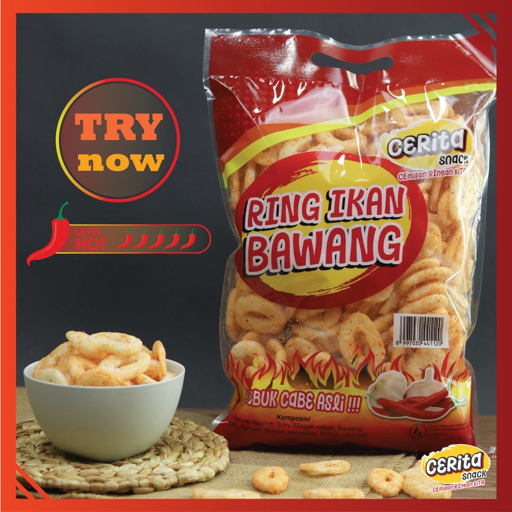 

Cemilan Ringan Murah Cerita Snack Ring ikan Bawang pedas 200 Gr
