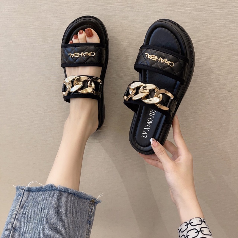 DDS10998 Sandal Wanita Import Fashion Import Cnaheal Chain Slip On Ready Jakarta Bisa COD (With Box)