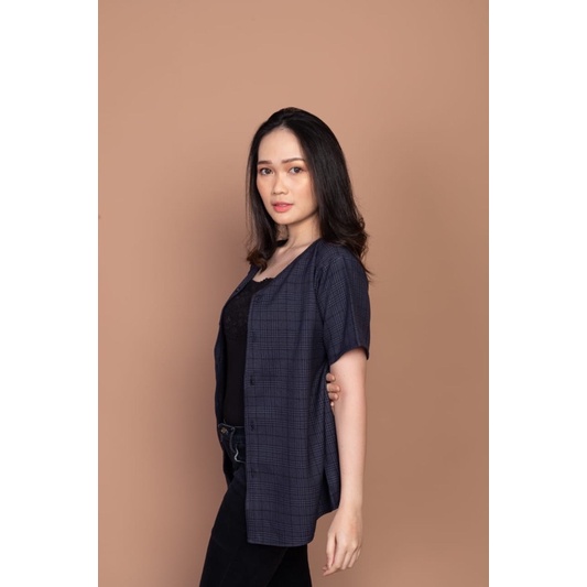 CUTIES TOP - ATASAN KEMEJA CASUAL WANITA KOTAK BUTTON LENGAN PENDEK (KML1)