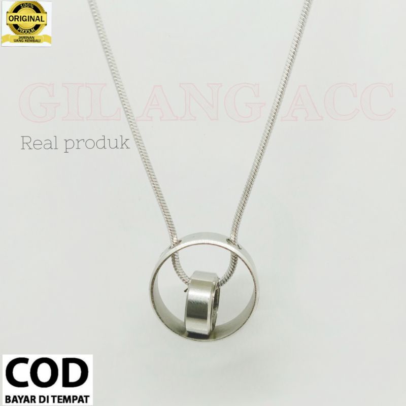 Kalung Pria Keren Titanium Silver Bulat Bandul Reng Cincin Terbaru