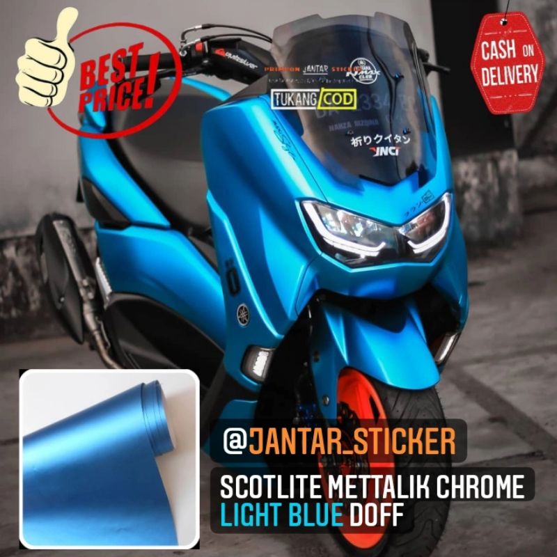 Sticker scotlite biru muda doff skotlet motor mett chrome merk infinity kualitas terbaik scotlet mot