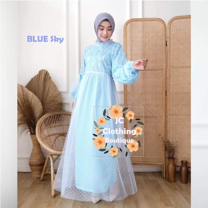 gamis remaja kekinian 2022 model gamis terbaru lengan balon tile dot jumbo mutiara busui sleting depan