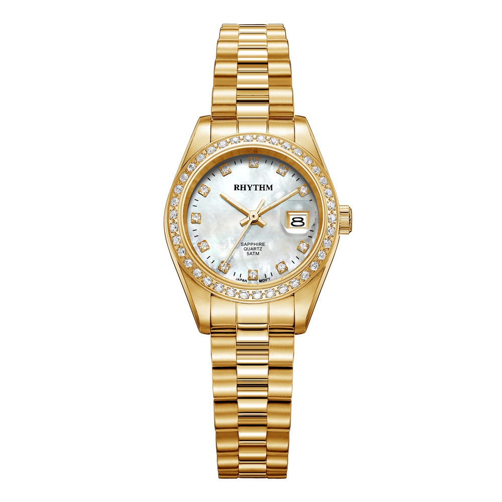 JAM TANGAN WANITA RHYTHM RQ1616 S04 RQ1616S04 ANALOG GOLD WHITE DIAL STAINLESS STRAP