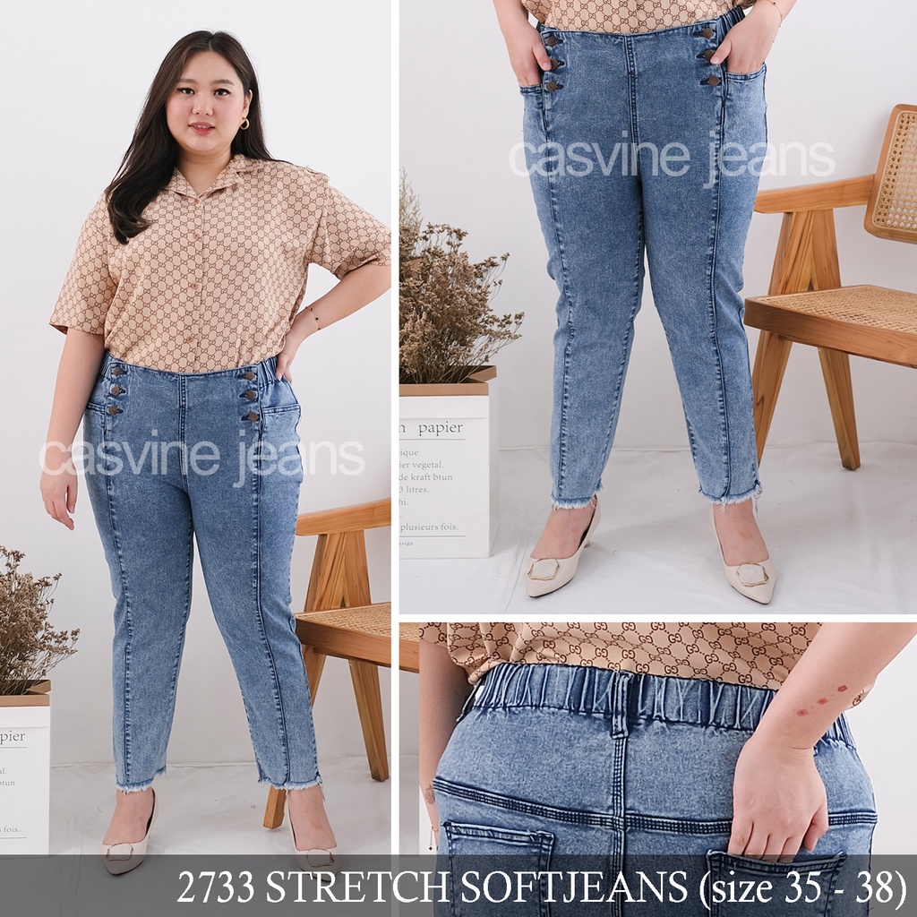 Celana Jeans Wanita Cewek Bigsize Jumbo 2733 Kancing 6 Front Line Rawis Rumbai Snow MOM JEANS