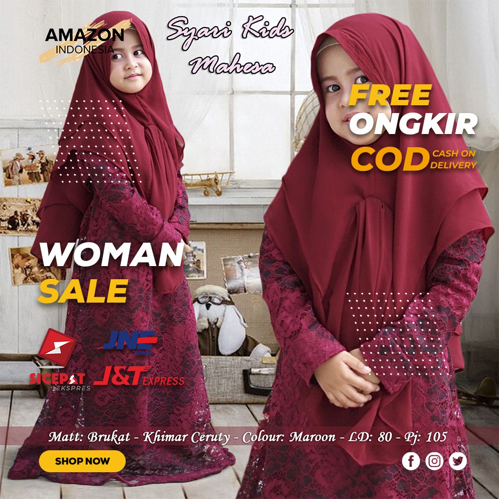 PAKAIAN MUSLIM ANAK PEREMPUAN WARNA MAROON BAHAN BRUKAT FULL LURING ORIGINAL IMPORT BAGUS ELEGAN