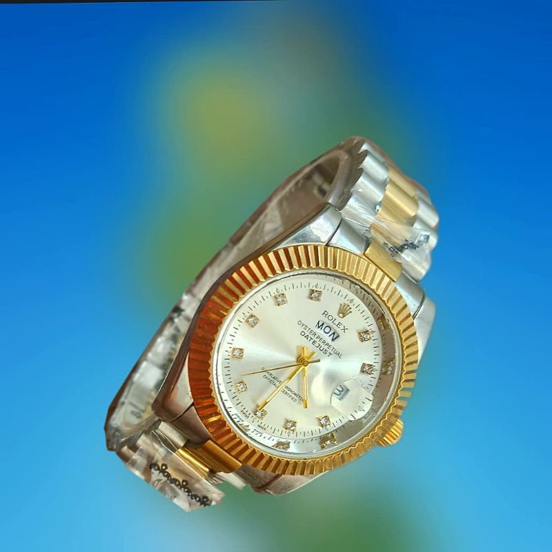 Jam Rolex Pria &amp; Wanita  (rantai stainless steel &amp; pengait chrome mas 18karat