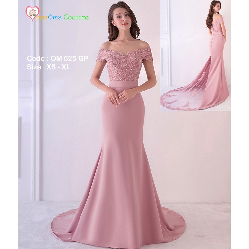 Gaun pesta ekor model duyung motif bunga anggun OM 525 GP