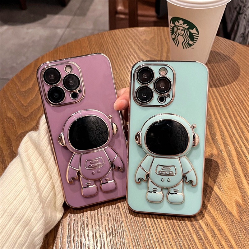 Soft Case Silikon Motif Mobile Phone Cases Astronauts With Stand Compatible for iPhone 13 12 11 Pro Max X Xr Xs Max SE 2020 8 7 Plus Plating electric camera Protective Soft Silicone Shockproof Phone Case