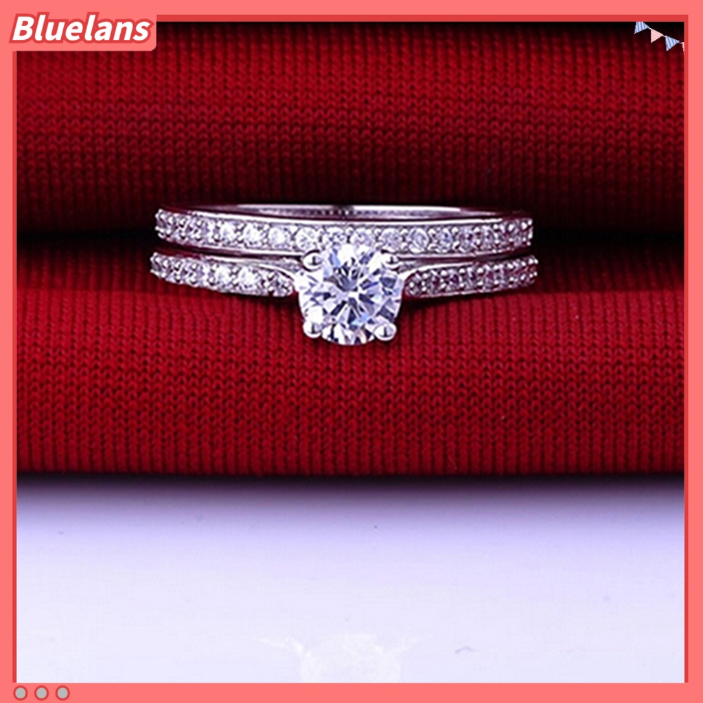 Bluelans 2Pcs Ring Shiny Cubic Zirconia Plated Silver Romantic Couple Finger Ring