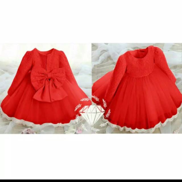 Dress Baju Anak Perempuan Usia 2-4 Tahun Lengan Panjang Merah Natal Imlek Bagus Brukat Tile Pesta
