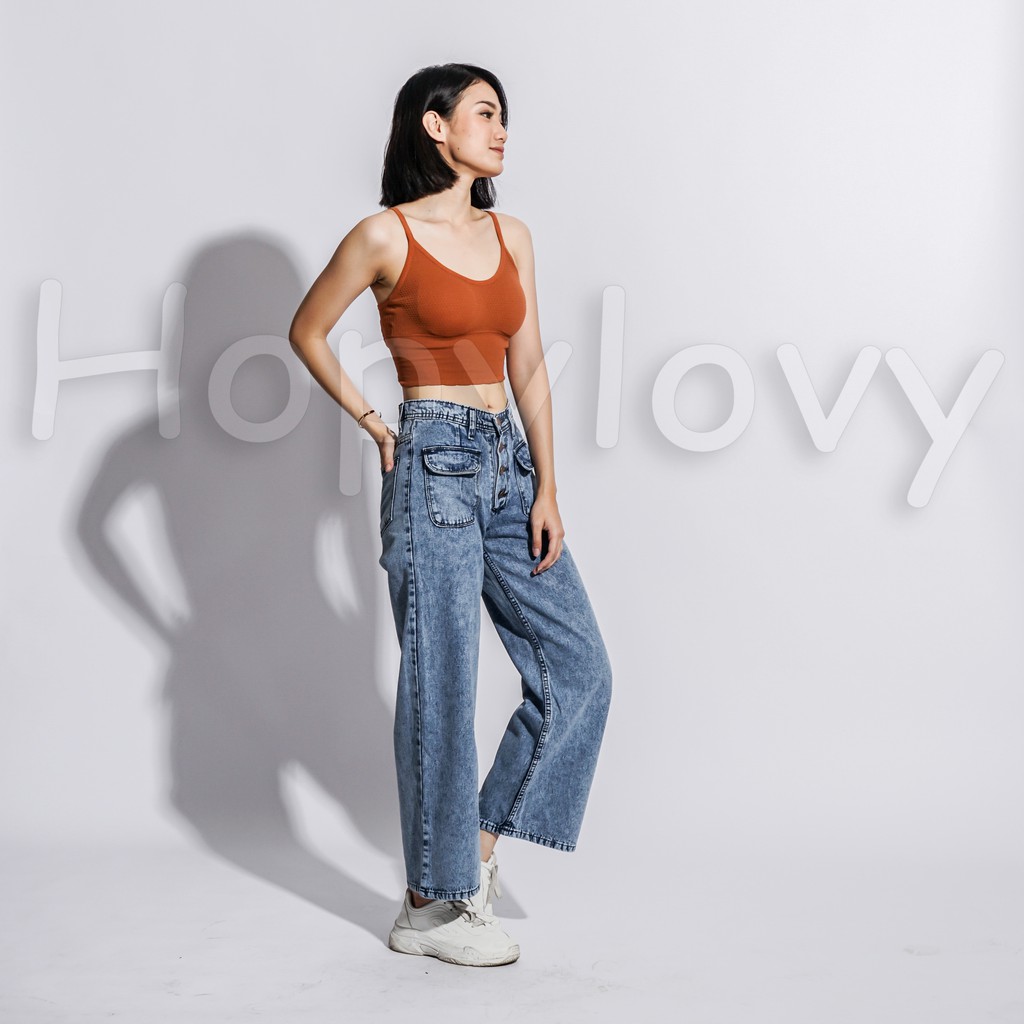 HOPYLOVY Celana Boyfriend Jeans Kancing Wanita Kantong Depan Pouch Frida