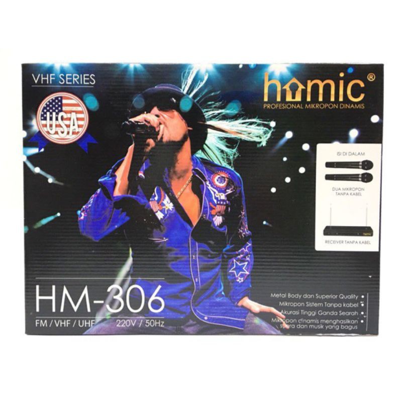 [Paket karaoke] Mic Microphone Double Wireless HOMIC HM 306 + Sond card v8+ siap pakai