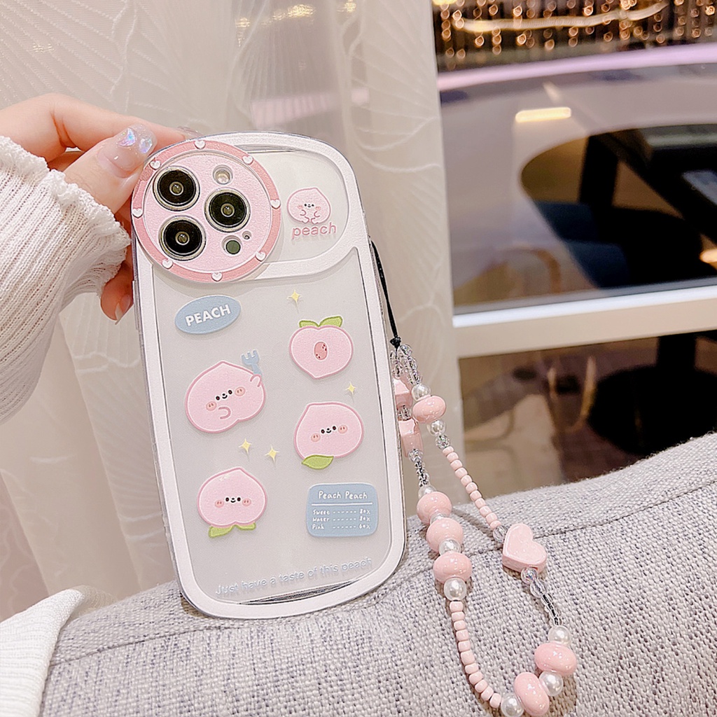 Case Pelindung Transparan Motif Peach Dengan Rantai Hati Untuk Iphone 11 12 13 Pro MAX