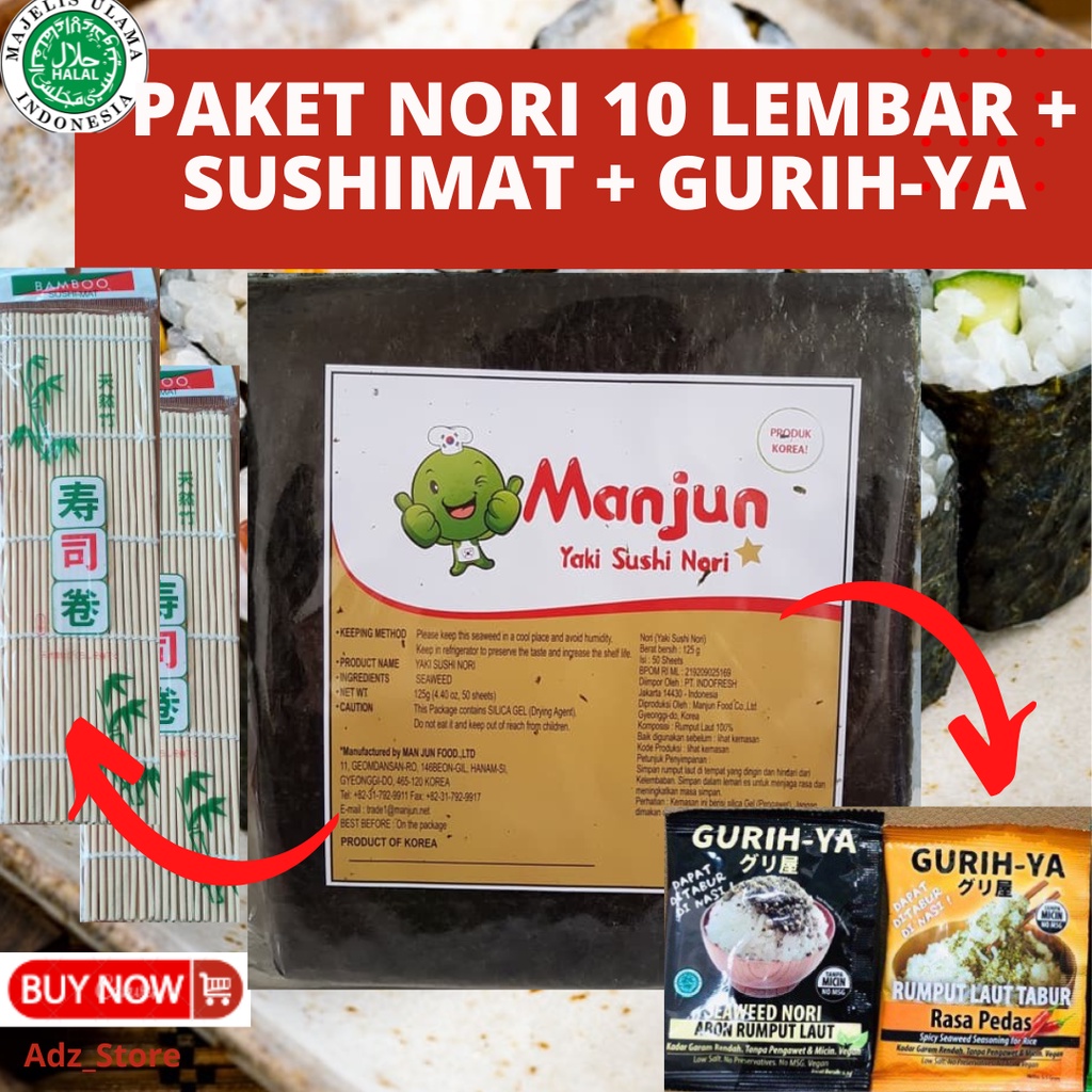 

Promo Combo Hemat [FREE GURIH-YA] | PAKET NORI SUSHI RUMPUT LAUT MANJUN (10 LEMBAR) + SUSHI MAT + GURIH-YA (ALL VARIANT)