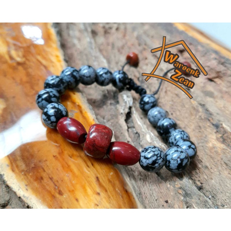Gelang tali batu akik jasper merah dan snowflake obsidian