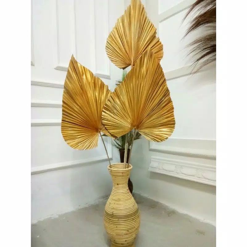 PAKET MURAH Daun Palem Kering Cat Gold Emas & Vas Guci Rotan Dekorasi Lamaran Tunangan Unik
