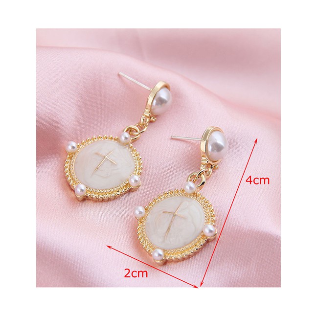 LRC Anting Tusuk Fashion White Pearl Cross Round Alloy Stud Earrings A61813