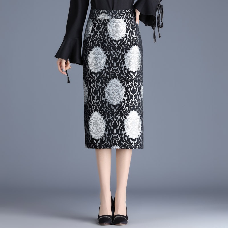 Rok Wanita Pola Bordir Pinggang Tinggi Rok Hitam Biru Putih Kondangan Rok Kerja Setengah Panjang