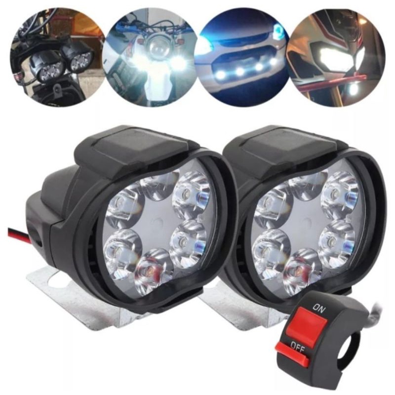 Sepasang Lampu Tembak Sorot 6 Mata LED Spion Motor 6 Watt 12Volt bonus saklar on of stang