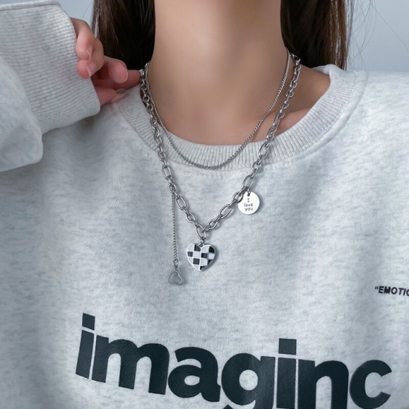 AY(CN) Kalung Choker Rantai Rumbai Ganda Warna Hitam Dan Putih Dengan Liontin Hati Untuk Wanita