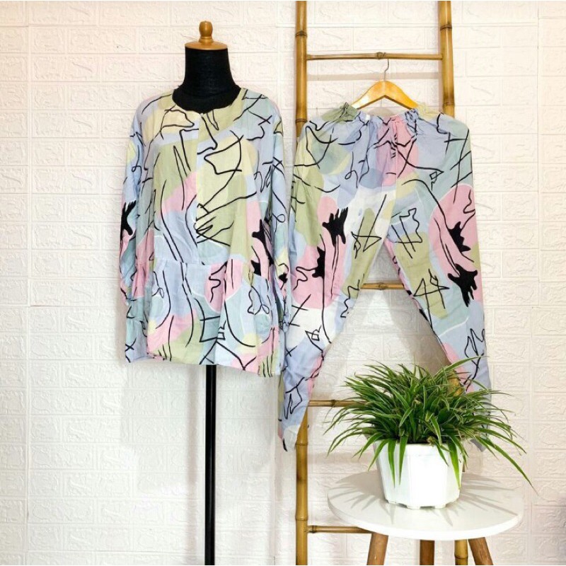 SETELAN PAJAMAS DAILY SET PIYAMA ONE SET WANITA FELLO TIE DYE RAYON JUMBO KEKINIAN GROSIR MURAH