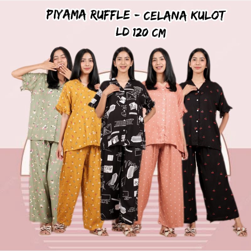 Piyama Set Lengan Pendek / Piyama Kancing Busui / Piyama Ruffle / Setelan Rayon Jumbo V-Neck