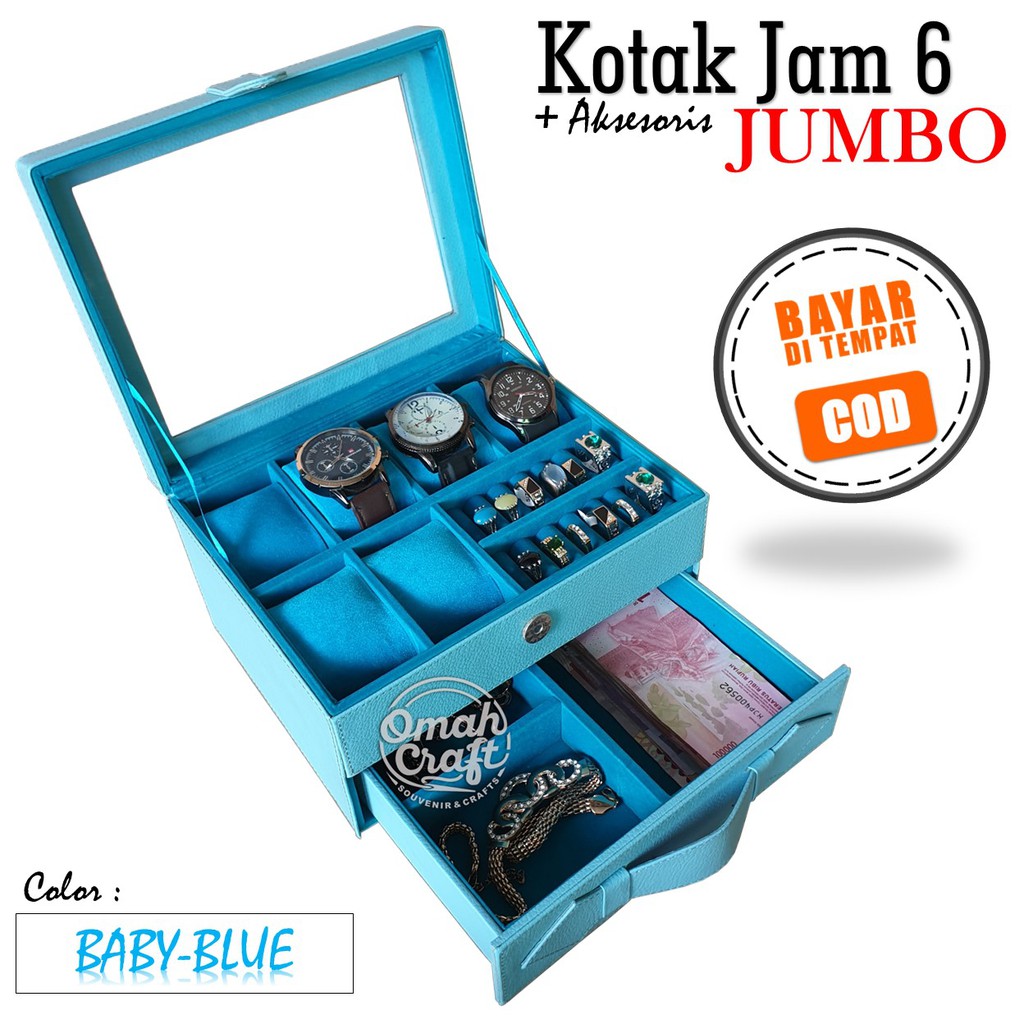 LARGE SIZE - Tempat Jam Tangan isi 6 JUMBo + Perhiasan / Box Kotak Jam Tangan Warna BIRU MUDA