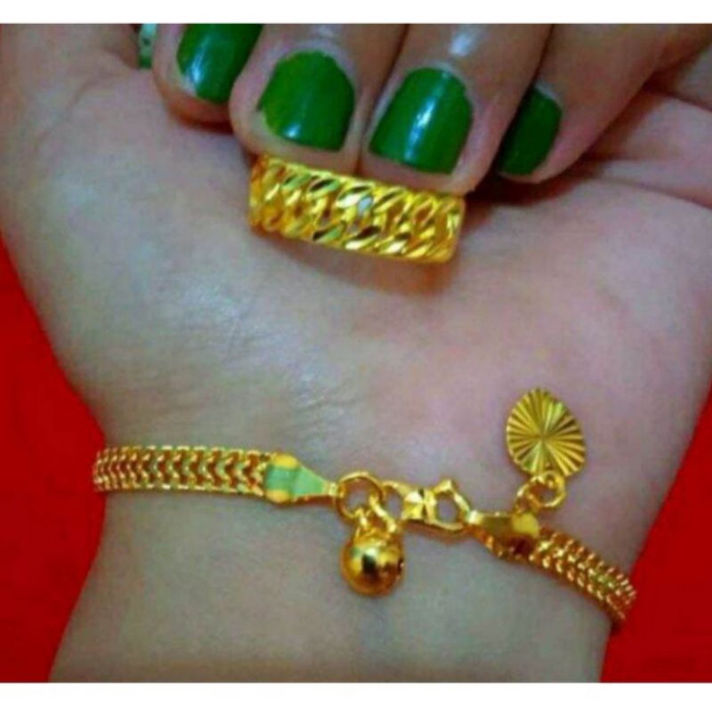 set gelang free cincin dilapisi kuning emas 24k fashion wanita titanium original anti luntur dan karat