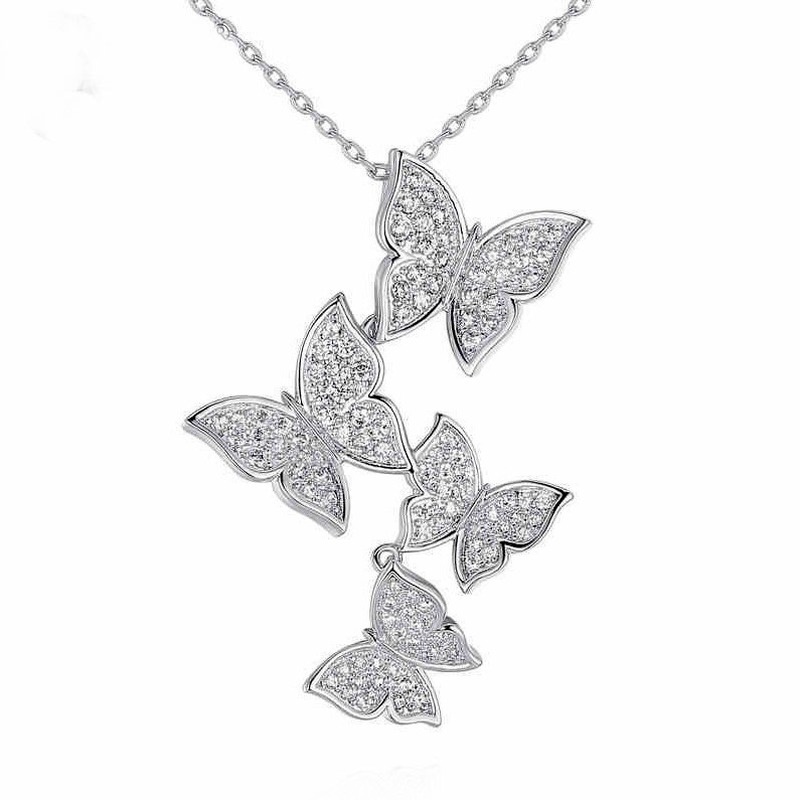 [Ready Stock]Fashion Retro Silver Plated Four Butterflies Diamond-Studded Necklace