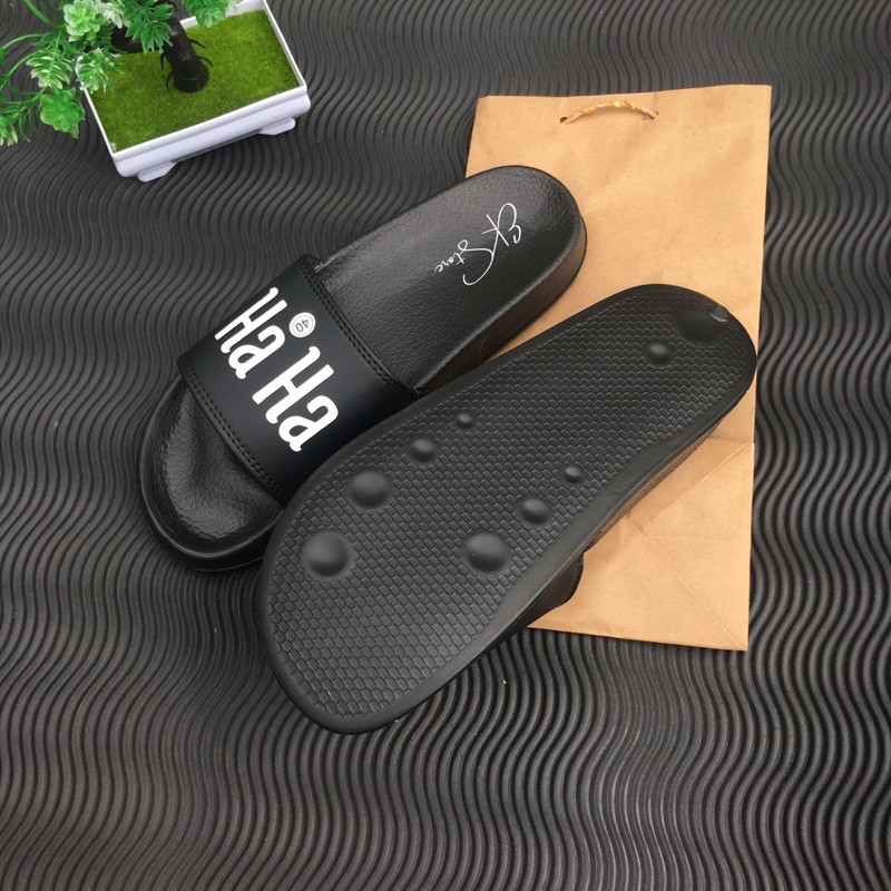 Sandal Slop Pria Slip On EKStore Ha Ha / Sendal Slop Premium Hitam Motif Free Paperbag EKSLUSIF!!!