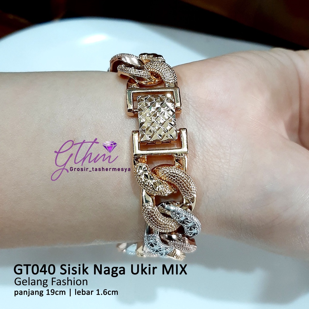 Gelang Tangan Sisik Naga Ukir Kombinasi Gold-Silver Perhiasan Fashion Import Kualitas Premium GT040