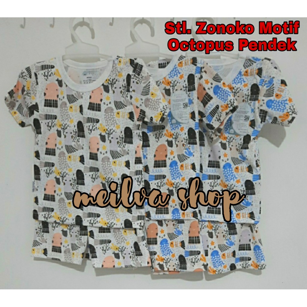 3 PCS SETELAN BAJU PENDEK + CELANA PENDEK BAYI DAN ANAK ZONOKO MOTIF OSTOPUS | KANCING JEPRET DI BAH