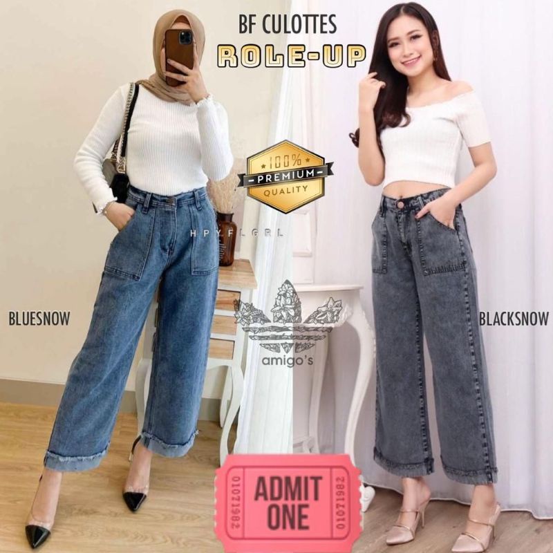 Celana Wanita Kulot Jeans Highwaist Pinggang Karet Korean Style Ootd Fashion Remaja Kekinia