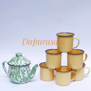 Set Teko Cebol dan 6 pcs Gelas polos 7cm Enamel Seng Blek Jadul Vintage Terbaik
