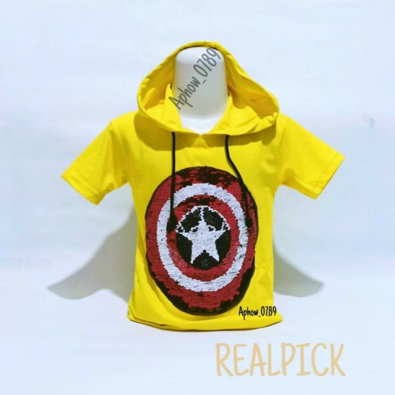 Kaos Hodie Anak Laki Laki Superhero Captain Amerika Model Led Nyala dan Gambar Usap