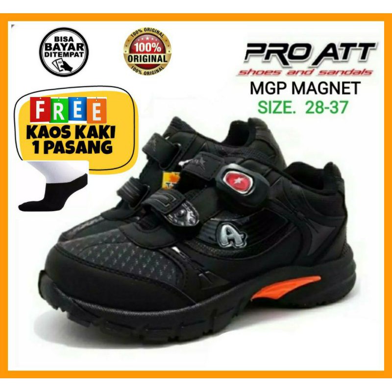 PRO ATT Sepatu Sekolah Anak Kecil Tanggung Laki Perempuan Hitam Magnet Perekat Tanpa Tali  Mgp Mga 28 sd 37 Gratis Kaos Kaki