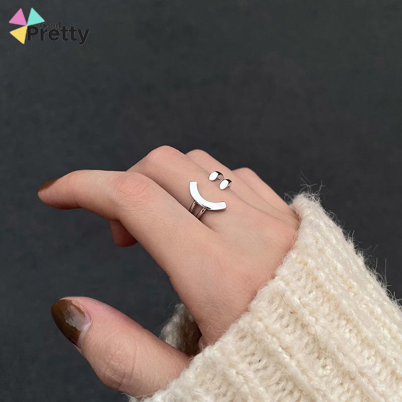 Cincin Model Terbuka Adjustable Desain Smiling Face Warna Silver Untuk Wanita - PD