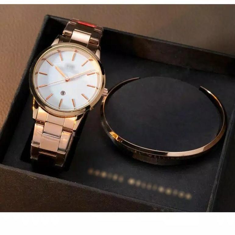 Super Hits-- JAM TANGAN WANITA ANALOG RANTAI STAINLESS FREE CUFF PAKET GELANG || JAM TANGAN FASHION 