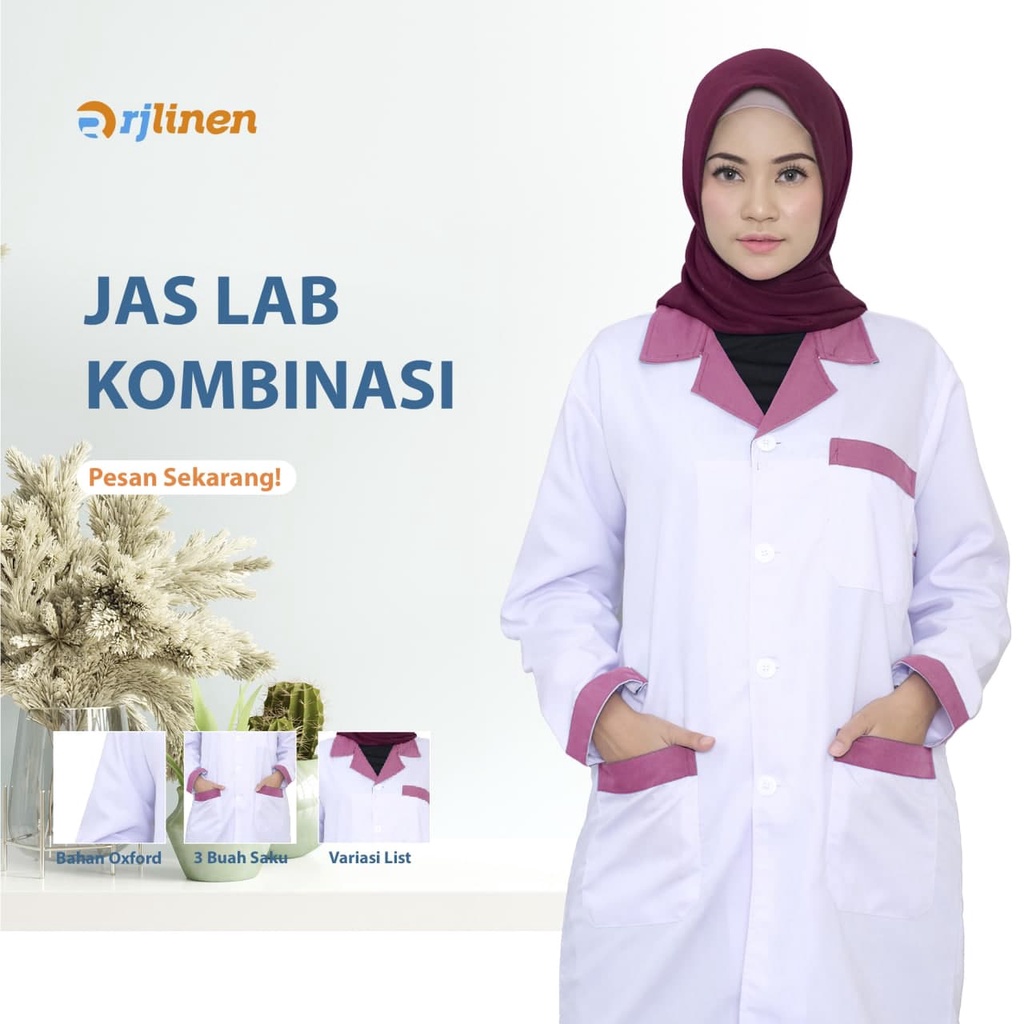 RJLINEN Jas Laboratorium Kombinasi Seragam Lab Baju Praktek Klinik Pria Wanita Lengan Pendek dan Panjang