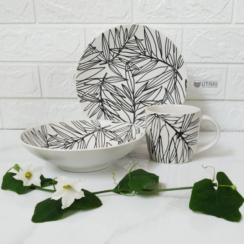[SET] Dinner Set Bamboo Leaf / Piring Mangkok Gelas Keramik Bertekstur