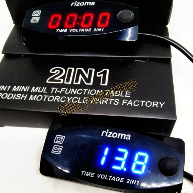 VoltMeter AKi Digital 2 IN 1 Rizoma Waterproof Volt Meter Digital  2 IN 1 Jam / VoltMeter Aki Rizoma