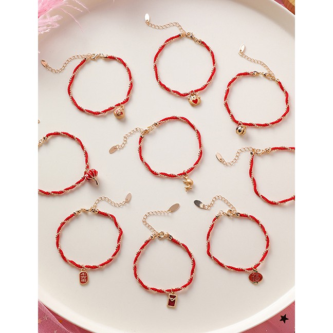 LRC Gelang Tangan Fashion Cat Model Braided Red Rope Bell Lantern Bracelet D24613