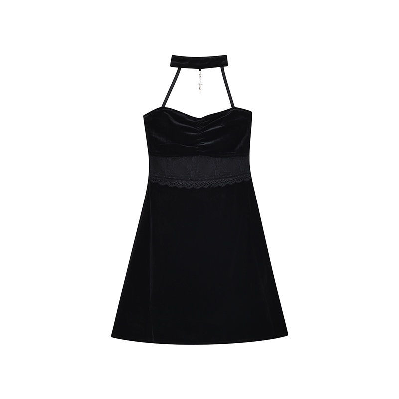 midi dress korea small harum lace suspender dress one word neck halter black bag hip short skirt wom