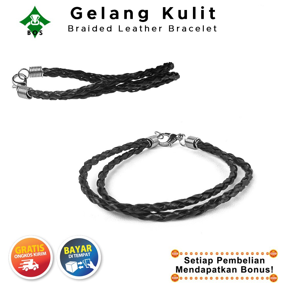 [Bayar Di Tempat] BOS Gelang Tali Kulit Pria Wanita Murah Hitam Keren Titanium Terbaru 2021