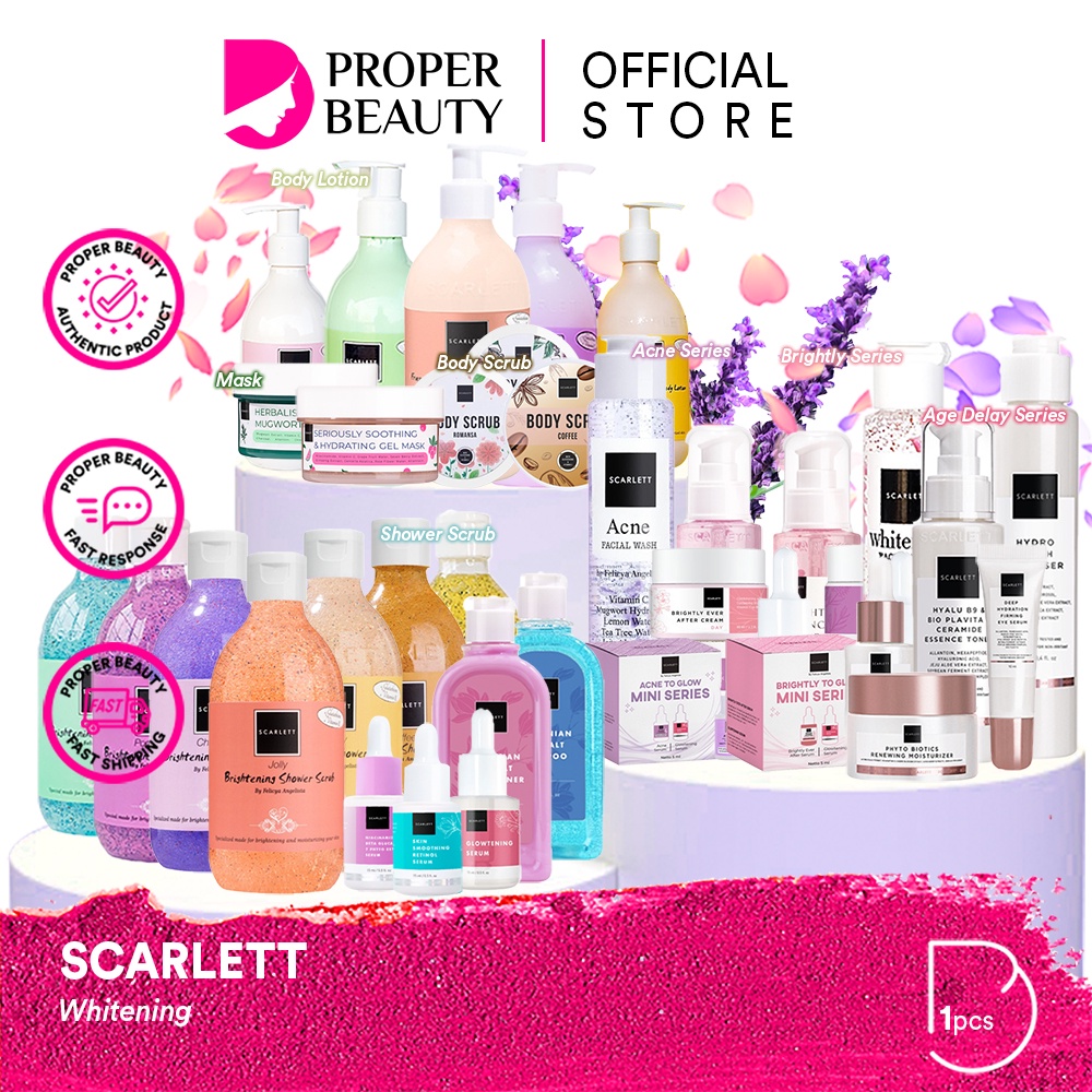 SCARLETT Whitening Indonesia / Facial Wash Essence Toner Serum Ampoule Day Night Cream Clay Mask Masker Gel Sunscreen Body Shower Scrub Lotion Shampoo Conditioner / Brightly Ever After Acne Mugwort Hydrating Paket Mini Full Set Pelembab Wajah Face Glowing