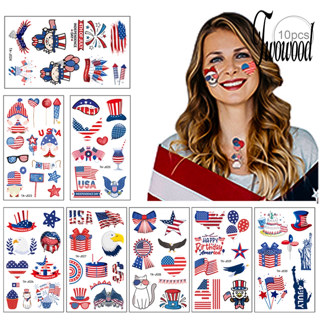 Twowood 10 Lembar Stiker Tattoo Temporer Motif Bendera Amerika Anti Air Untuk Body Art