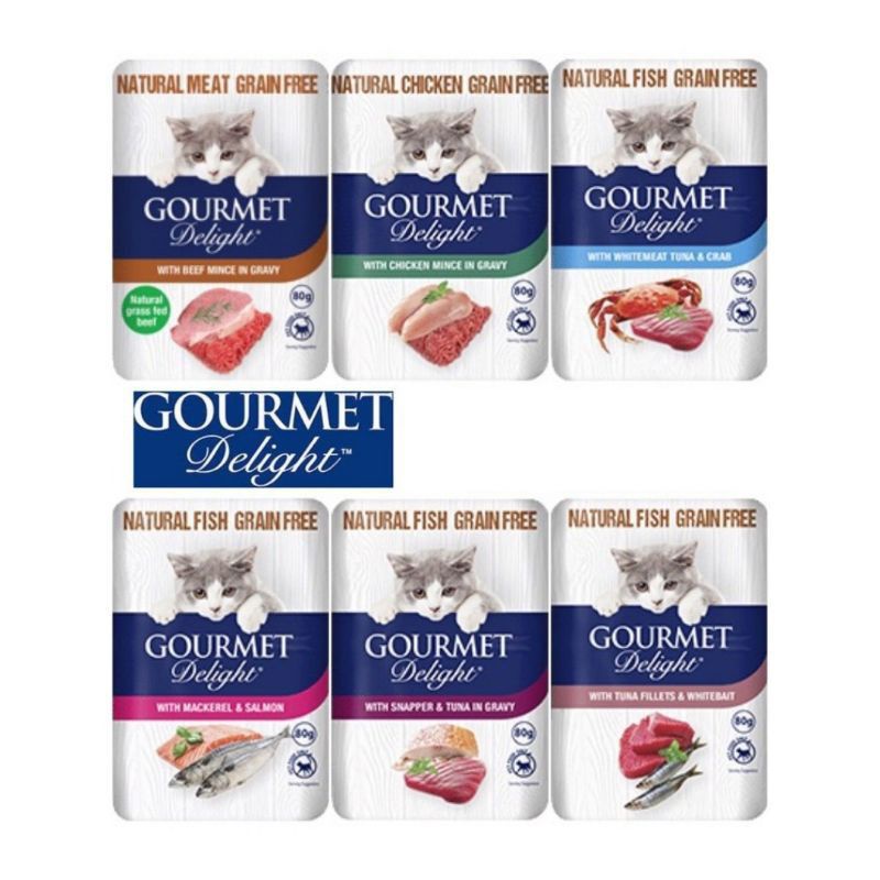 GOURMET DELIGH Mackerel tuna salmon chicken crab pouch 80gr makanan basah kucing GRAIN FREE