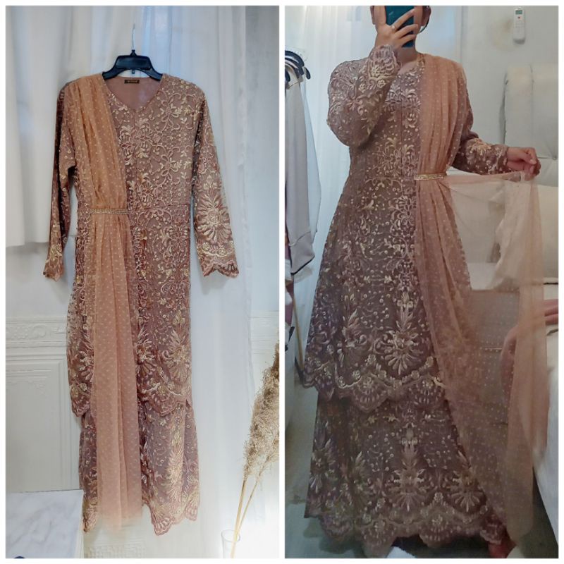 Gamis Pesta Mauve Taupe Coklat Baju Muslim Dress Pesta Tingkat 2 Baju Lebaran